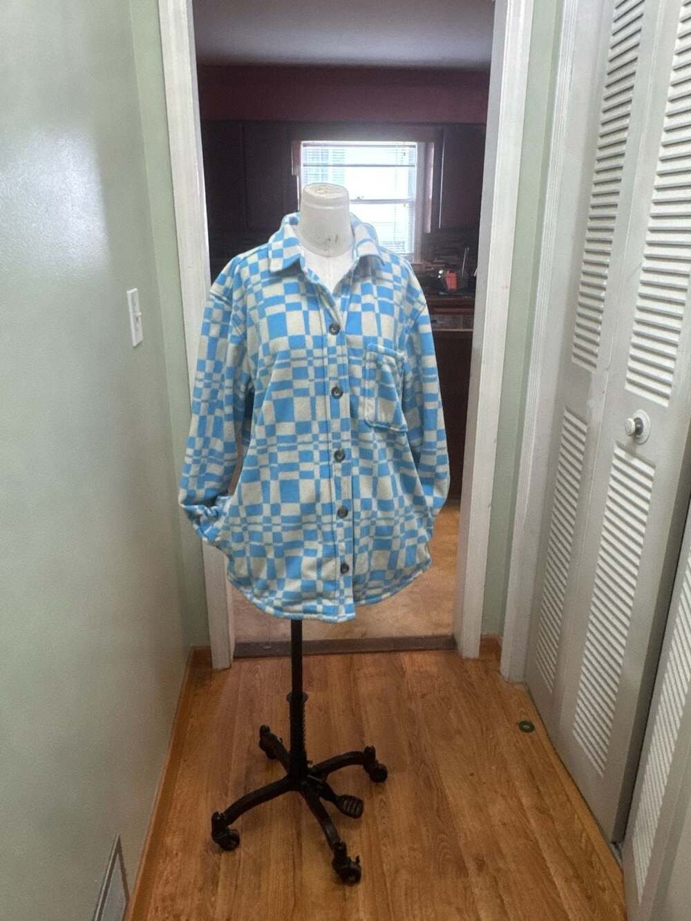 Eddie Bauer Women's Blue and White Checkered Fleece Shirt Jacket